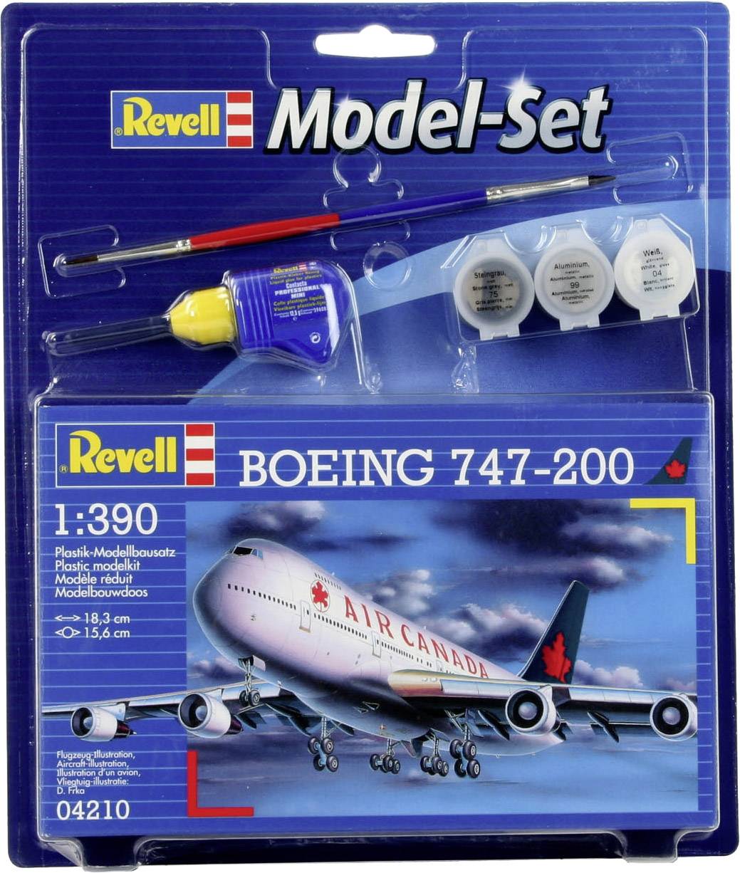 Revell modellset Boeing 747-200 i skala 1:390, innehåller lim, pensel och färger, förpackningsdesign med flygplansavbildning.