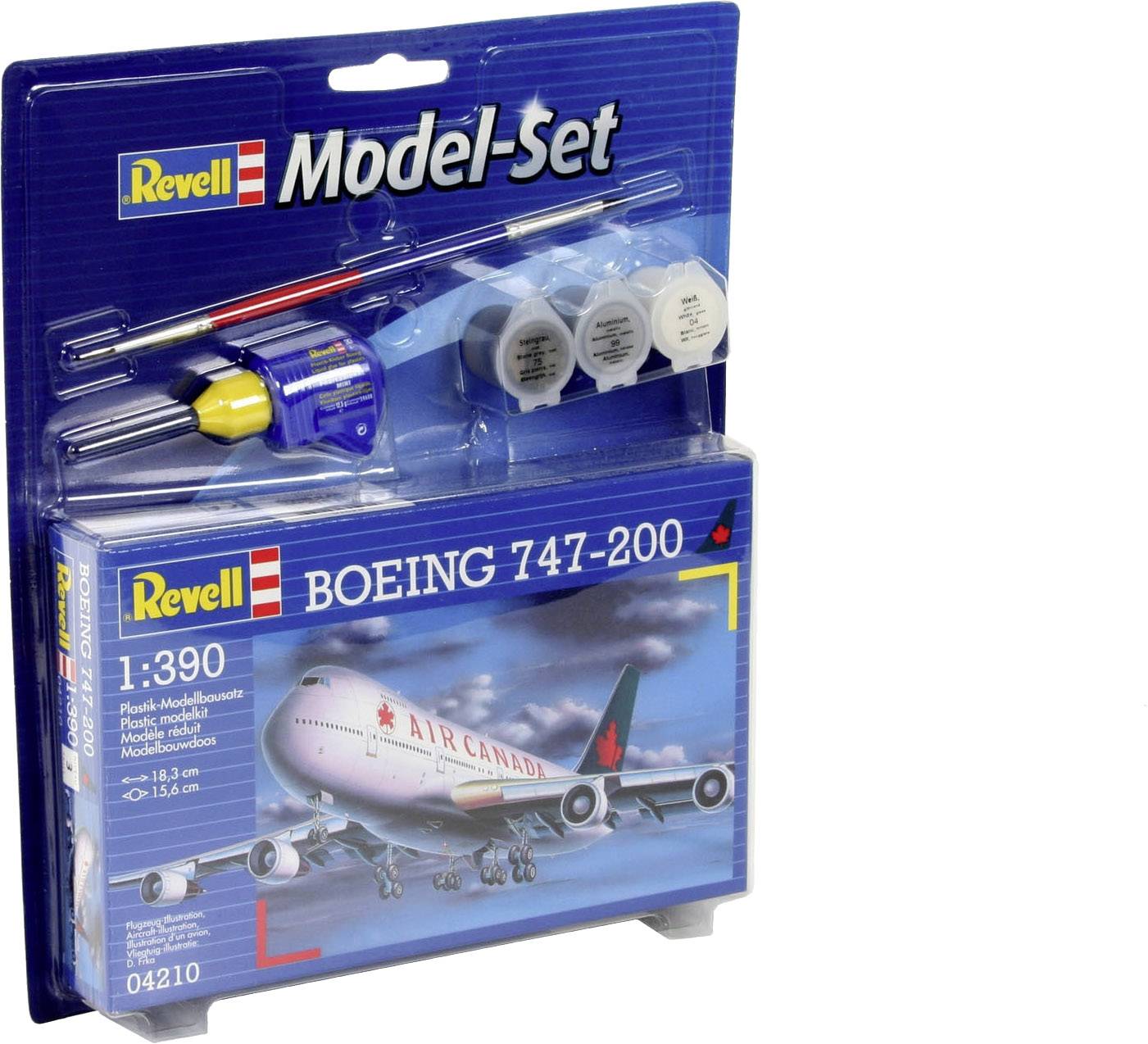 Revell modellbyggsats för en Boeing 747-200 i skala 1:390 med tillbehör som färger och penslar. Förpackningen visar ett Air Canada-flygplan.