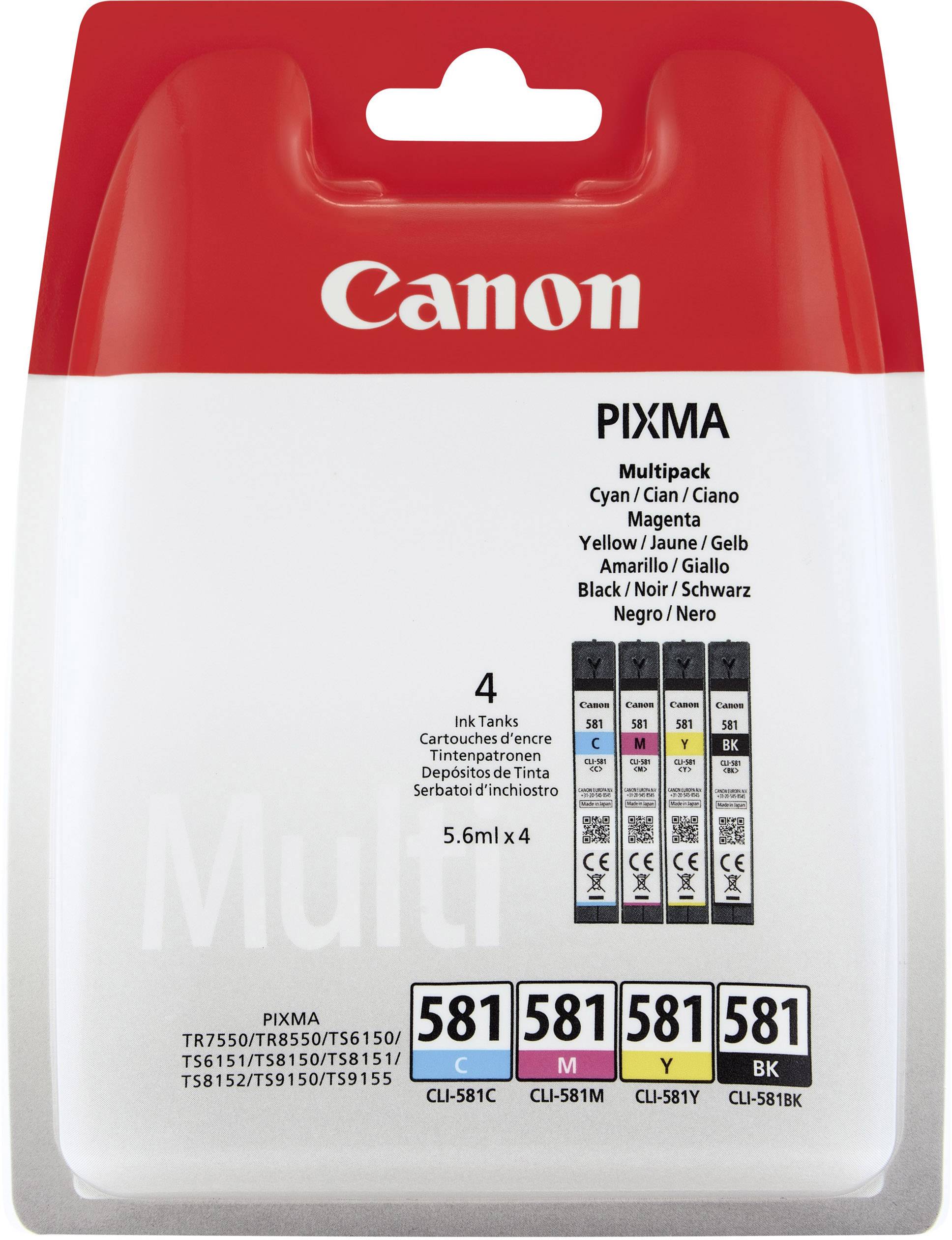 Förpackning med Canon PIXMA bläckpatronmultipack i färgerna cyan, magenta, gul och svart för PIXMA-skrivare.
