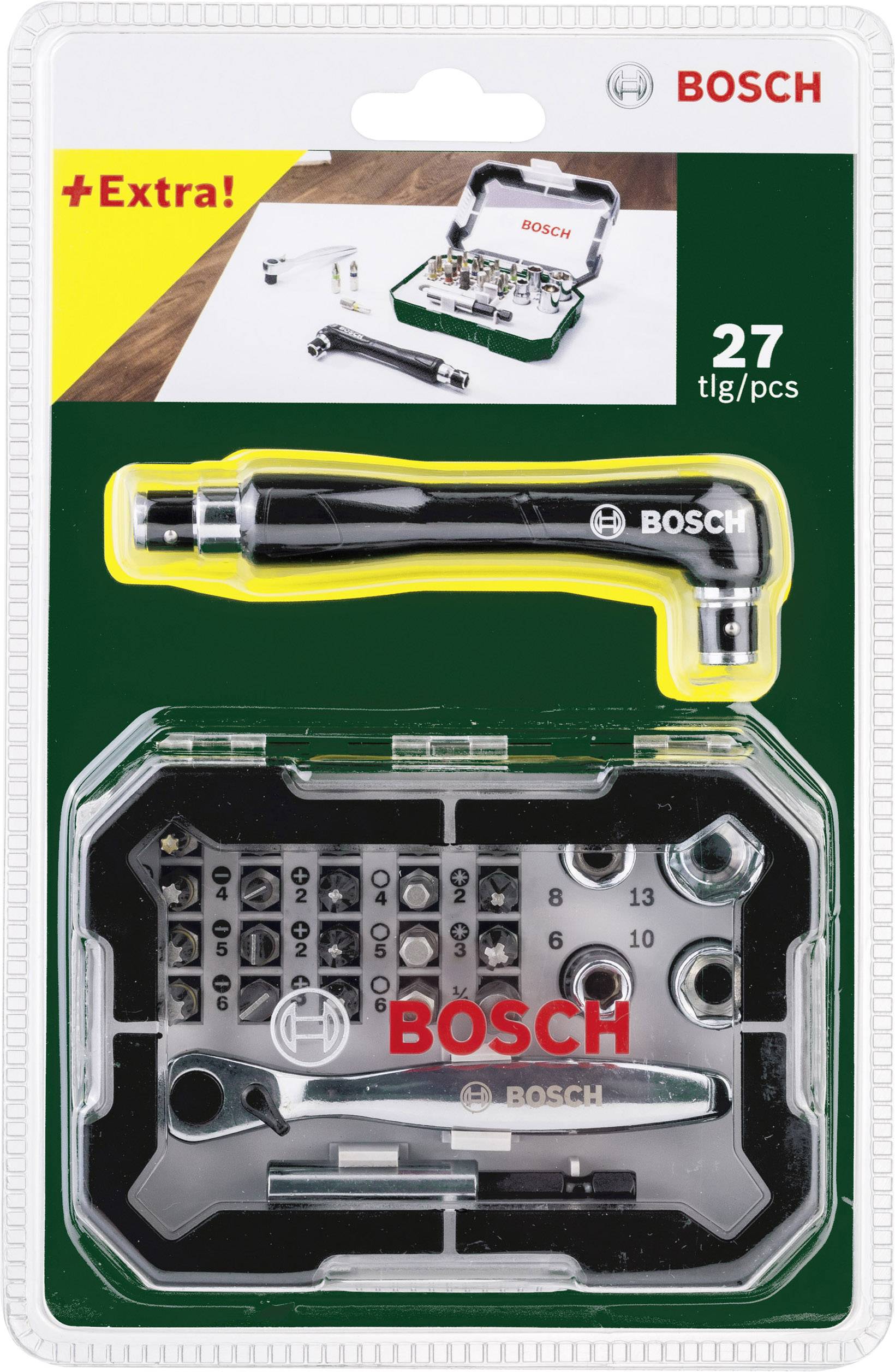 Förpackning av en 27-delars Bosch-verktygssats med skrallnyckel och olika bits i ett plastfodral.