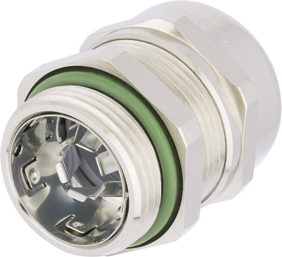 En silvergrå metallkoppling med sexkantiga kanter och en grön tätningsring.