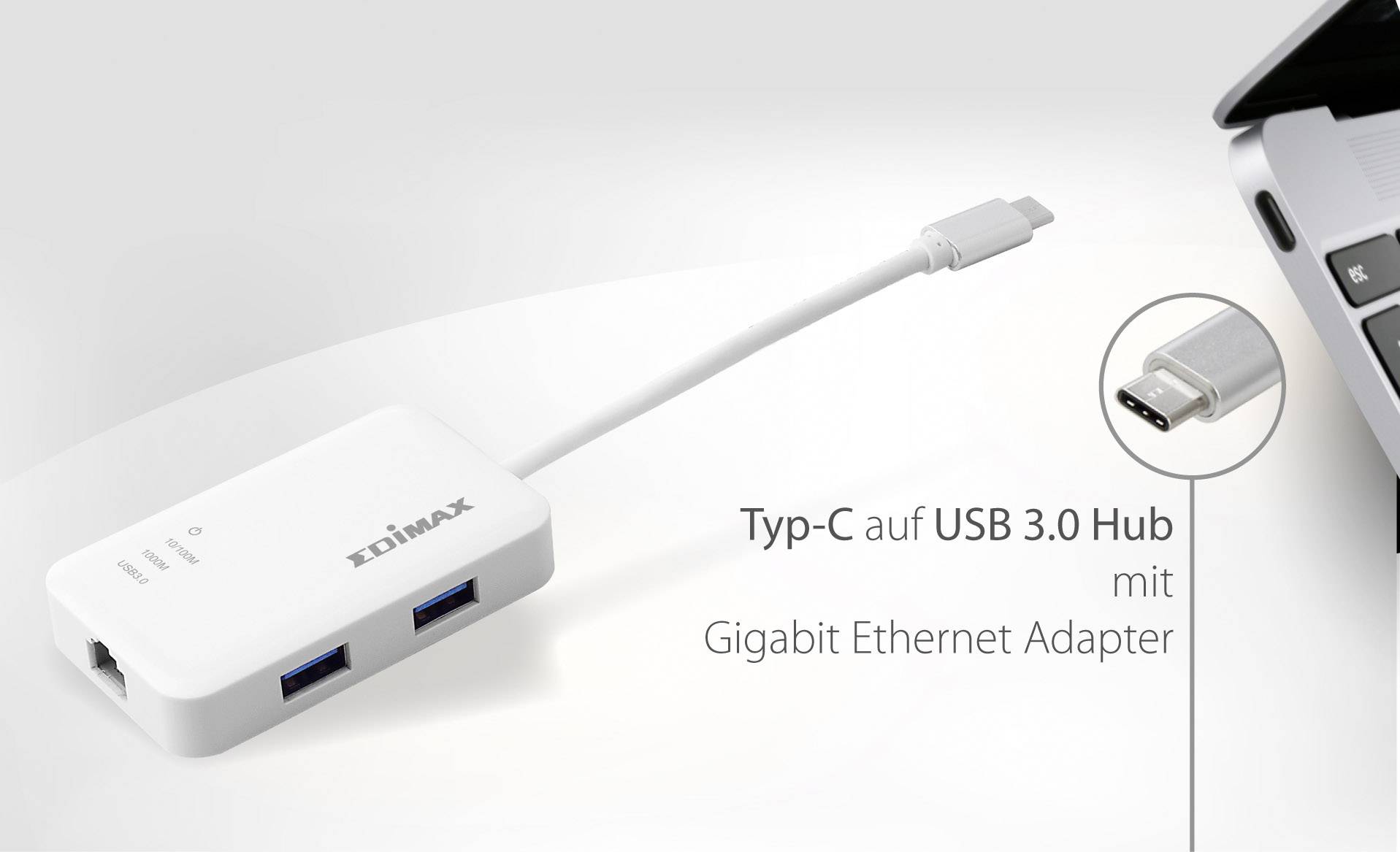 USB-hubb med Ethernet-adapter, ansluten till en bärbar dator. Text: 'Typ-C till USB 3.0 Hub med Gigabit Ethernet Adapter'