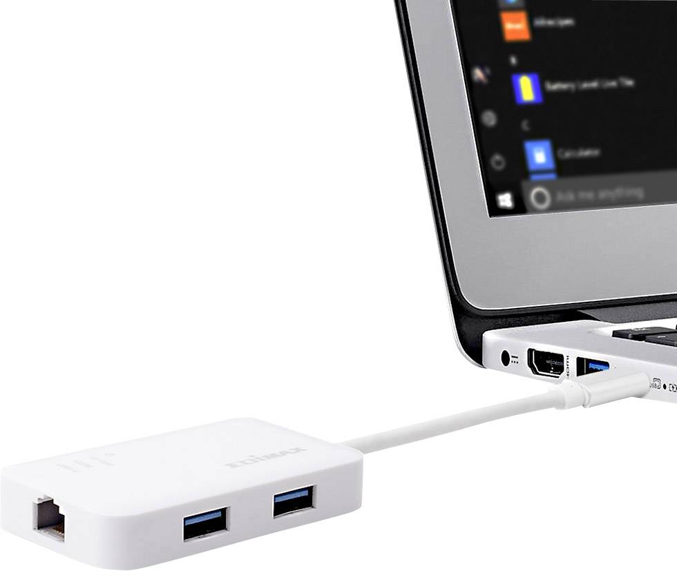 En laptop är ansluten via en vit adapter med två USB-portar och en Ethernet-port. Skärmen visar symboler.