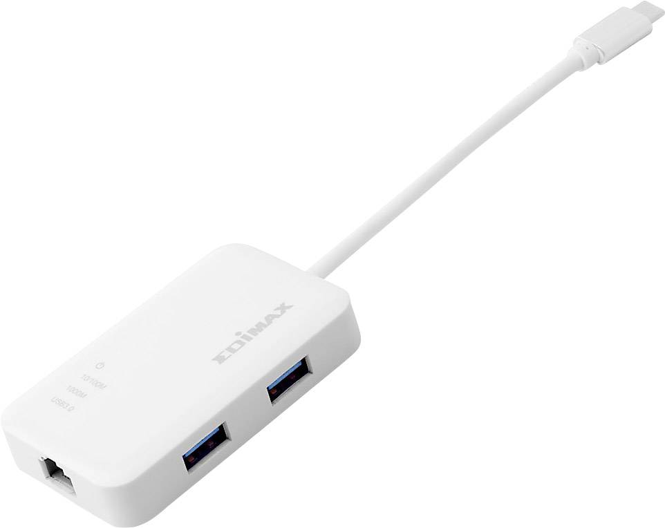 Vit USB-hubb med två USB-portar och en nätverkskabelanslutning. Märkt med varumärkesnamnet på ovansidan.