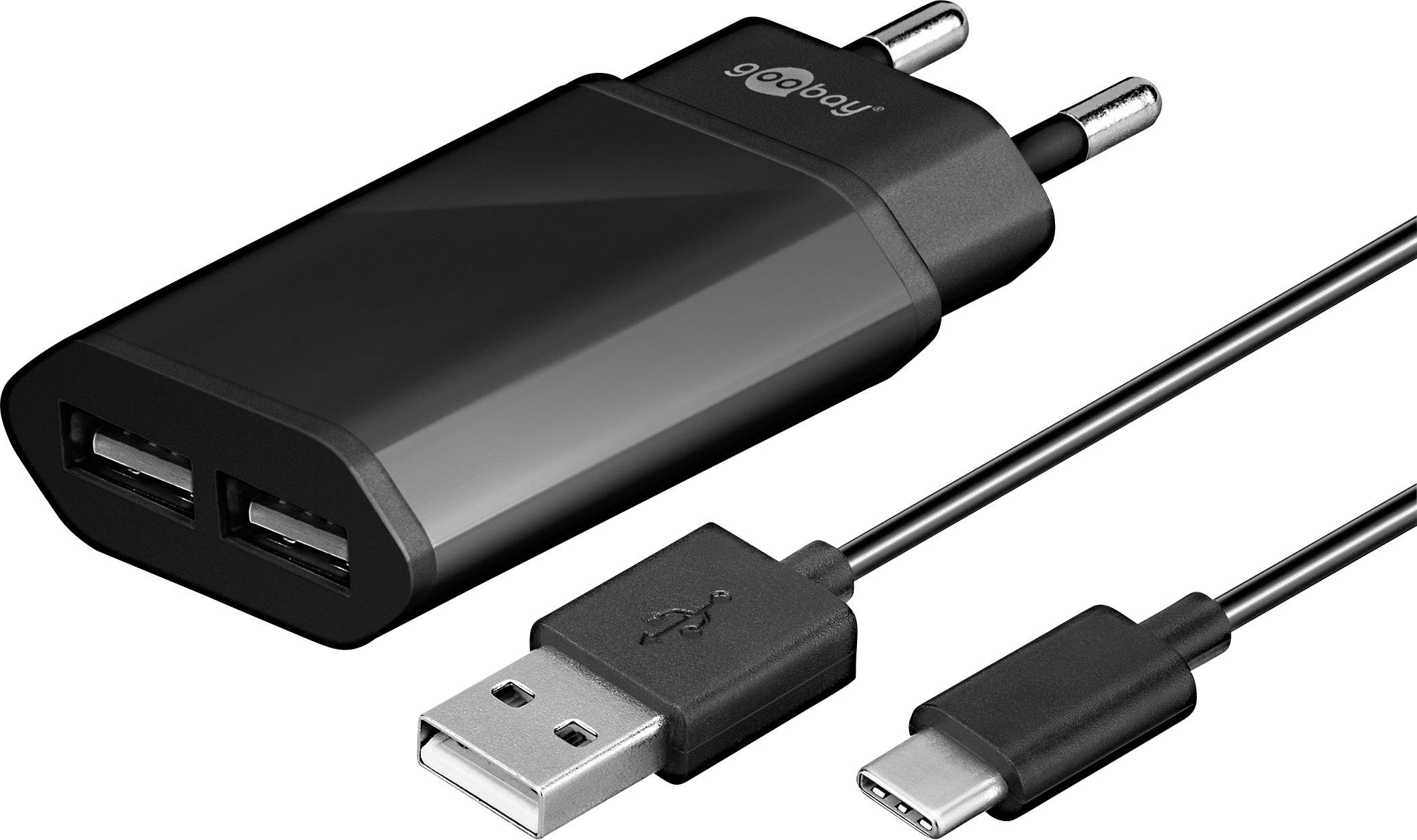 Goobay Slim 45847 USB laddare Vägguttag Utgångsström max. 2400 mA 2 x USB 2.0 A hona, USB C hane Goobay Slim 45847 USB laddare Vägguttag Utgångsström max. 2400 mA 2 x USB 2.0 A hona, USB C hane