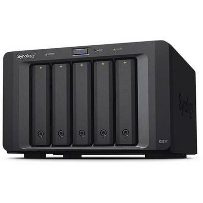 'Synology DX517' expansionsenhet med fem fack, lämplig för NAS-system. Framifrån syns LED-statusindikationer och hårddiskfack.