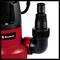 Elektrisk pump med rött hölje och svart anslutning. Varumärkets logotyp 'Einhell' synlig på pumpen.