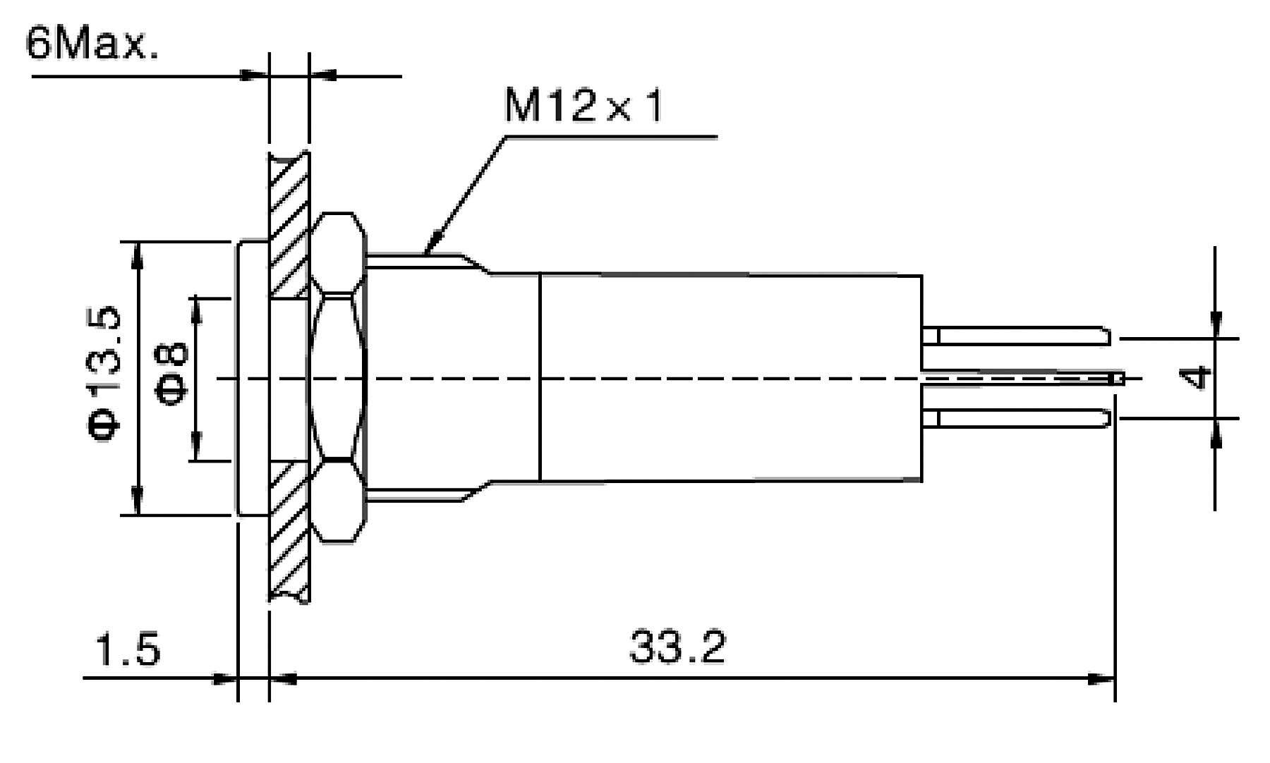 Teknisk ritning av en anslutningskontakt med dimensioner: Längd 33,2 mm, bredd 13,5 mm, gänga M12x1.