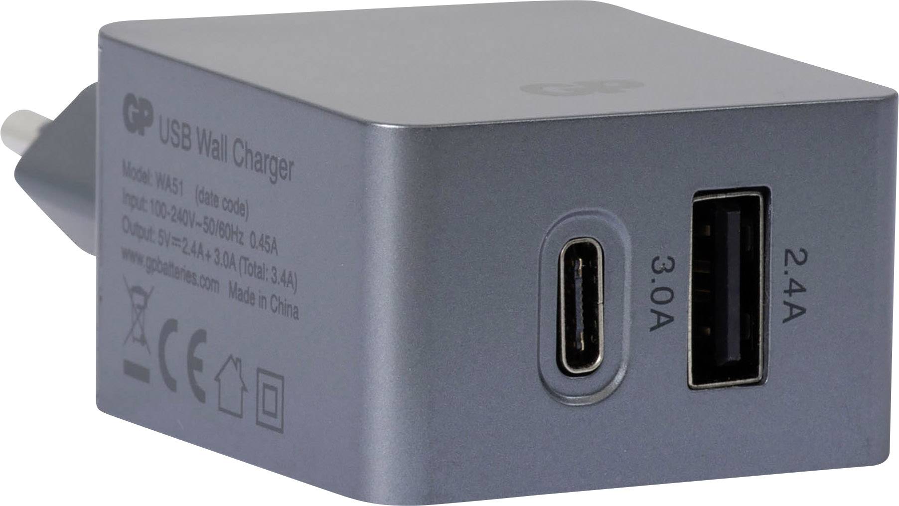 GP Batteries WA51 150GPWA51C1 USB laddare Vägguttag Utgångsström max. 5400 mA 2 x USB, USB C hona GP Batteries WA51 150GPWA51C1 USB laddare Vägguttag Utgångsström max. 5400 mA 2 x USB, USB C hona