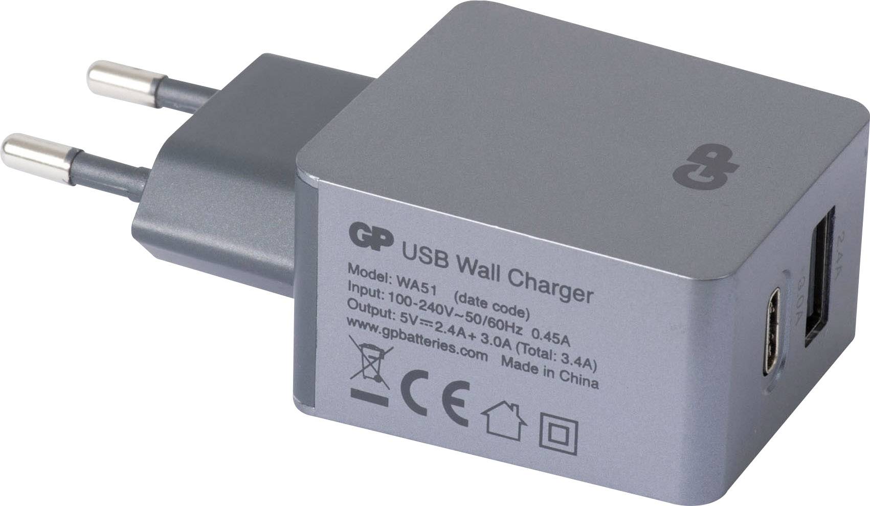 GP Batteries WA51 150GPWA51C1 USB laddare Vägguttag Utgångsström max. 5400 mA 2 x USB, USB C hona GP Batteries WA51 150GPWA51C1 USB laddare Vägguttag Utgångsström max. 5400 mA 2 x USB, USB C hona