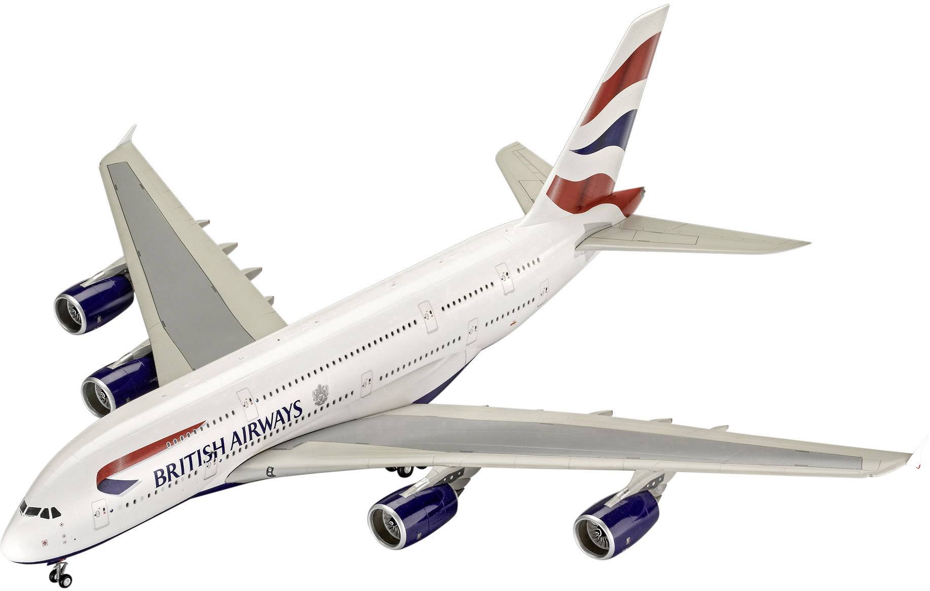 Ett stort passagerarflygplan med British Airways-logotyp flyger i luften, med fyra motorer och vita vingar.
