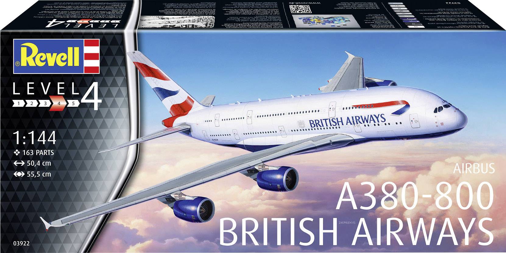 Revell modelbyggsats av en Airbus A380-800 i 'British Airways'-lackering, skala 1:144, 163 delar, svårighetsgrad 4. Förpackningsbild.