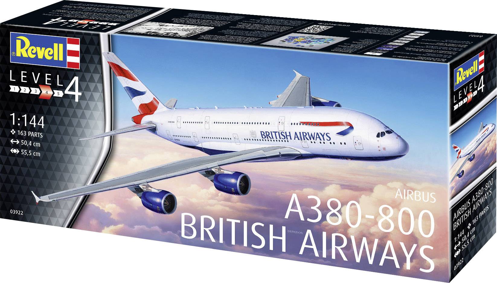 Modellbyggsats från Revell föreställande en Airbus A380-800 i British Airways färgställning, skala 1:144, med 163 delar.