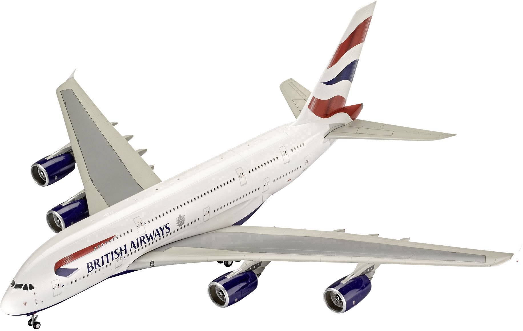 Ett stort passagerarflygplan med 'British Airways'-logotyp på en vit bakgrund.