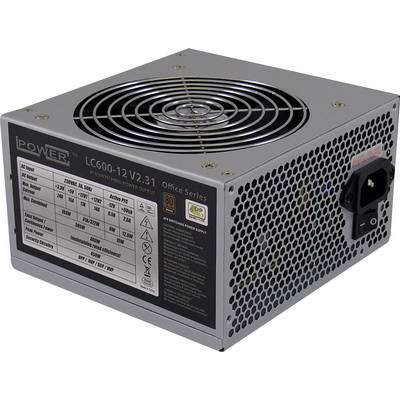 Ett grått datornätaggregat med fläkt och nätanslutning. Etiketten visar specifikationer: LC600-12 V2.31, 230V, 600W, 80 Plus Bronze.