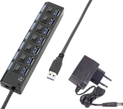 Renkforce 7 Port USB-hubb individuellt omkopplingsbara, med status-LED, med iPad-laddningsport Svart