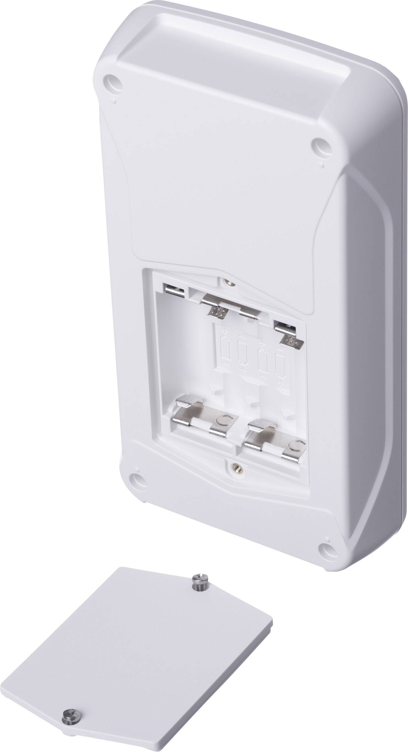 Vitt batteridrivet enheter, batterifacket öppet; lock bredvid.