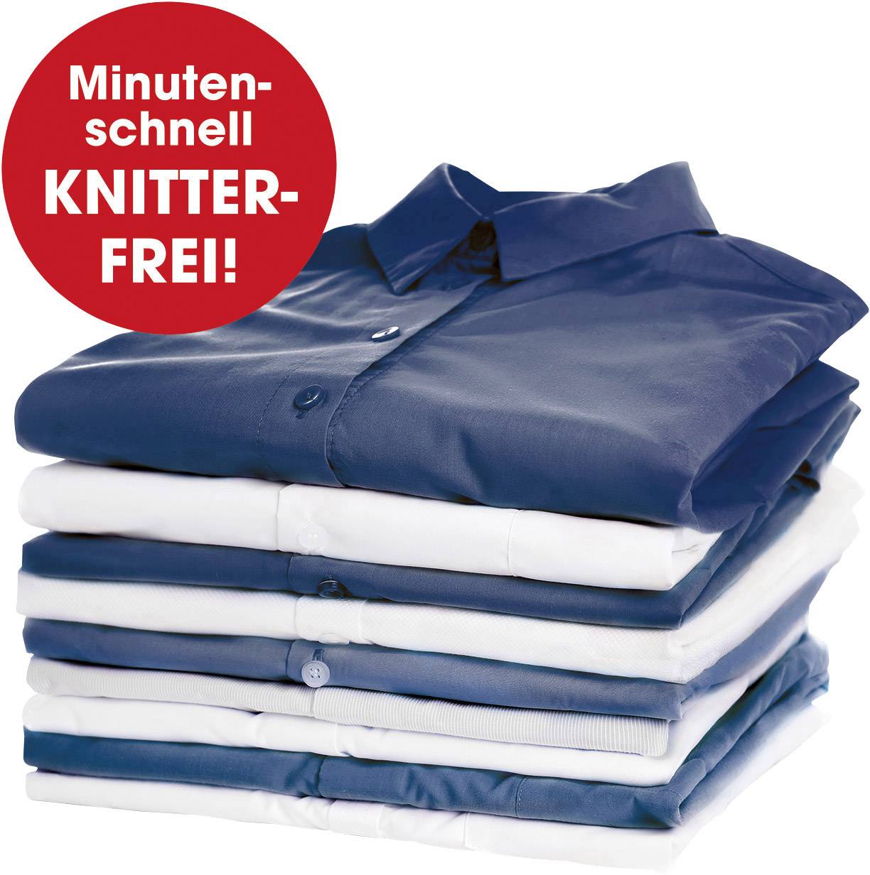 Staplade skjortor med en röd cirkel ovanför. I cirkeln står det 'Minuter-snabbt SKRYNKELFRITT!'.