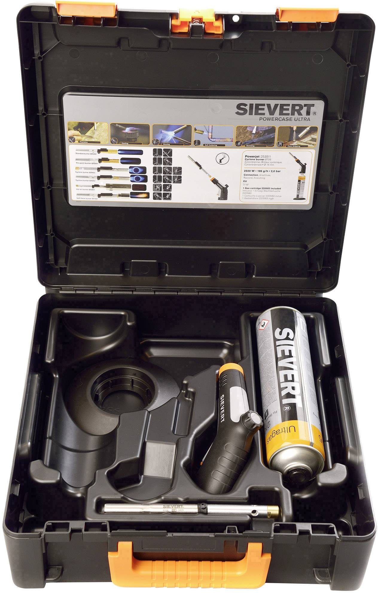 En öppen väska med ett handbrännerset från Sievert, bestående av gasflaska, brännare, handtag och tillbehör.