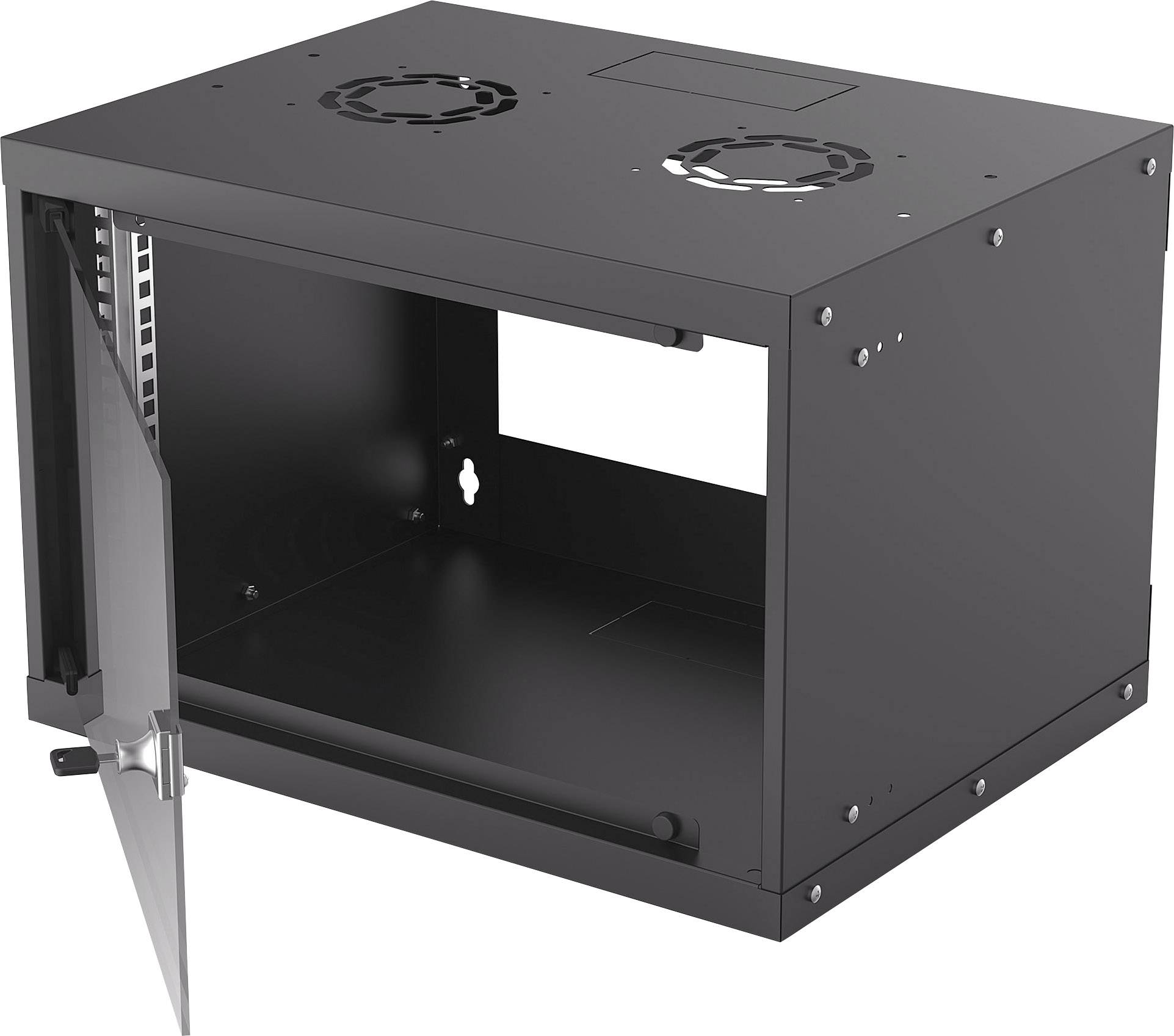 Ett svart, öppet väggskåp med två ventilationsöppningar överst och en sidohängd glasdörr för förvaring av teknisk utrustning.