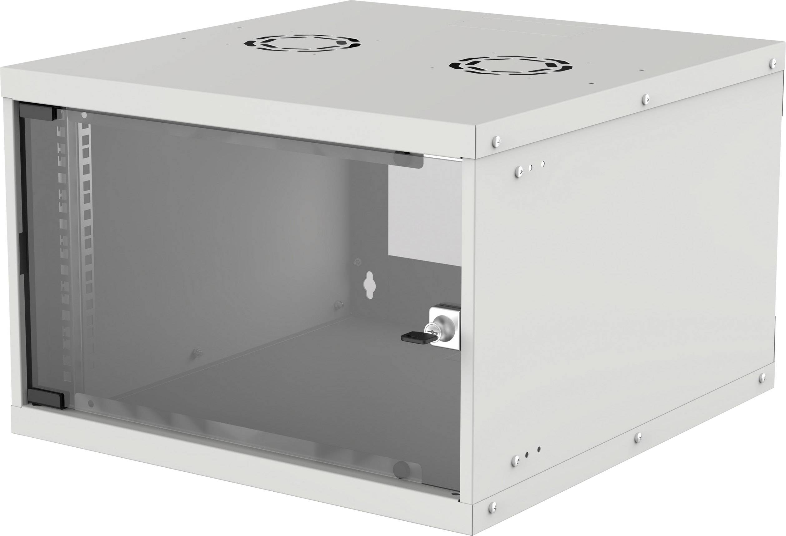 En grå serverrack med transparent framsida och ventilationshål överst, lämplig för IT-utrustning i tekniska miljöer.