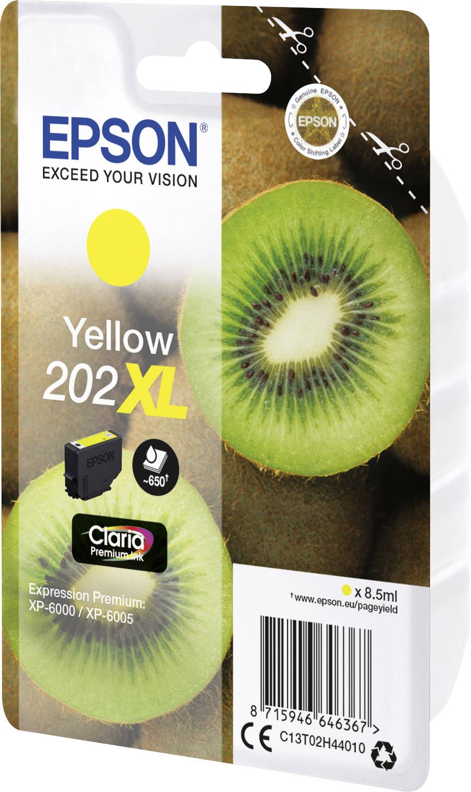 Förpackning för en Epson 202XL gul bläckpatron. På etiketten visas en kiwi-illustration och kompatibla skrivarmodeller XP-6000/XP-6005.