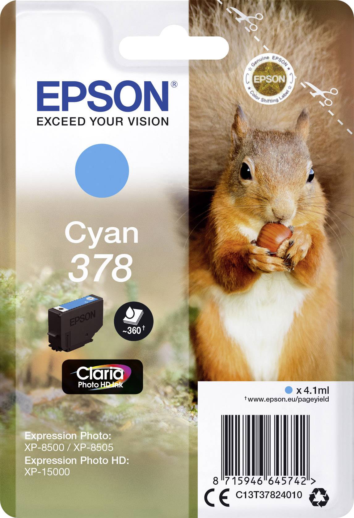 'Cyan 378' Epson bläckpatron förpackning med ekorre. Kompatibel med Expression Photo XP-8600, XP-8505 och XP-15000.