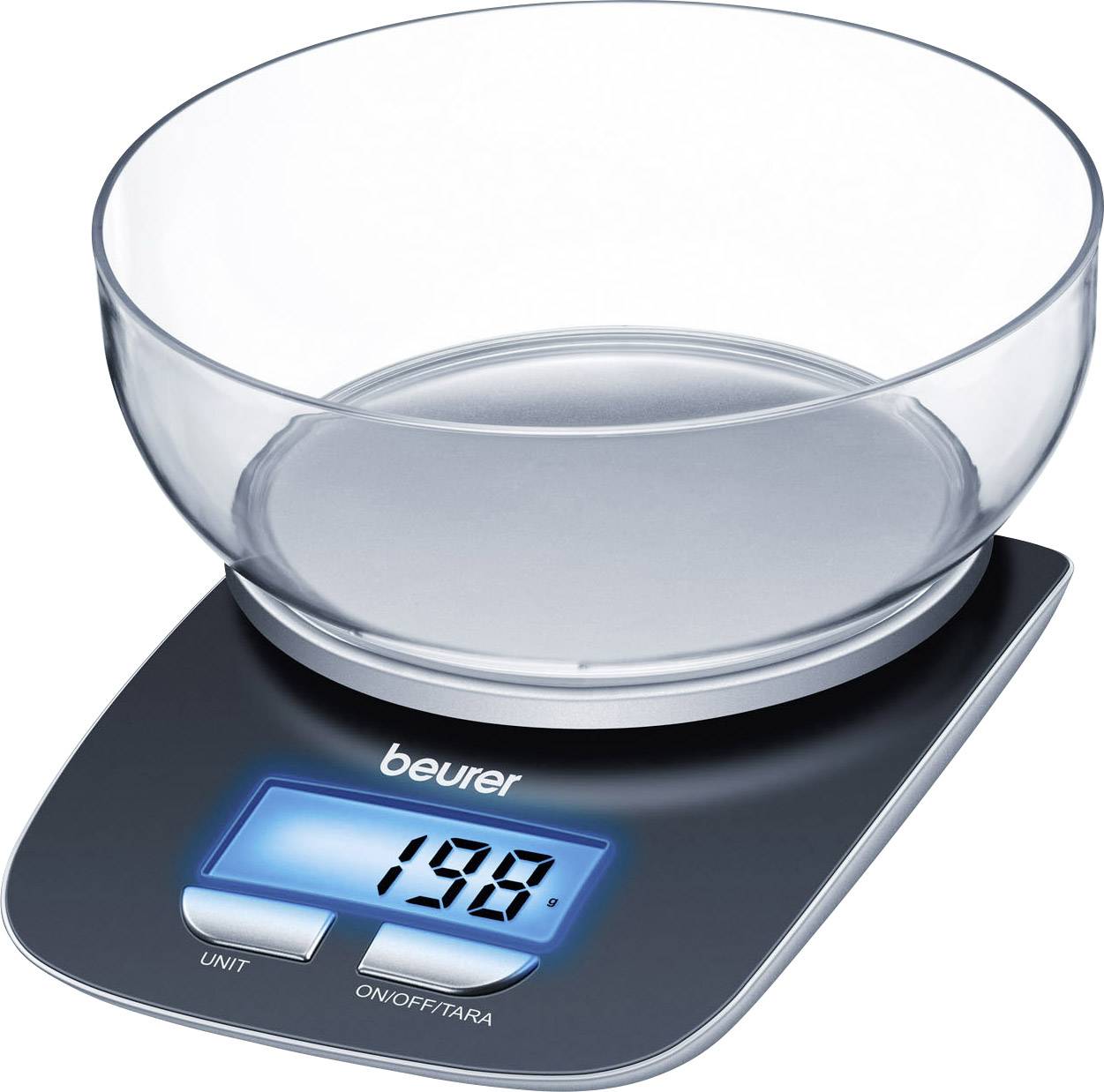 Elektronisk kökvåg med stor skål visar vikten 198 gram på den digitala displayen.