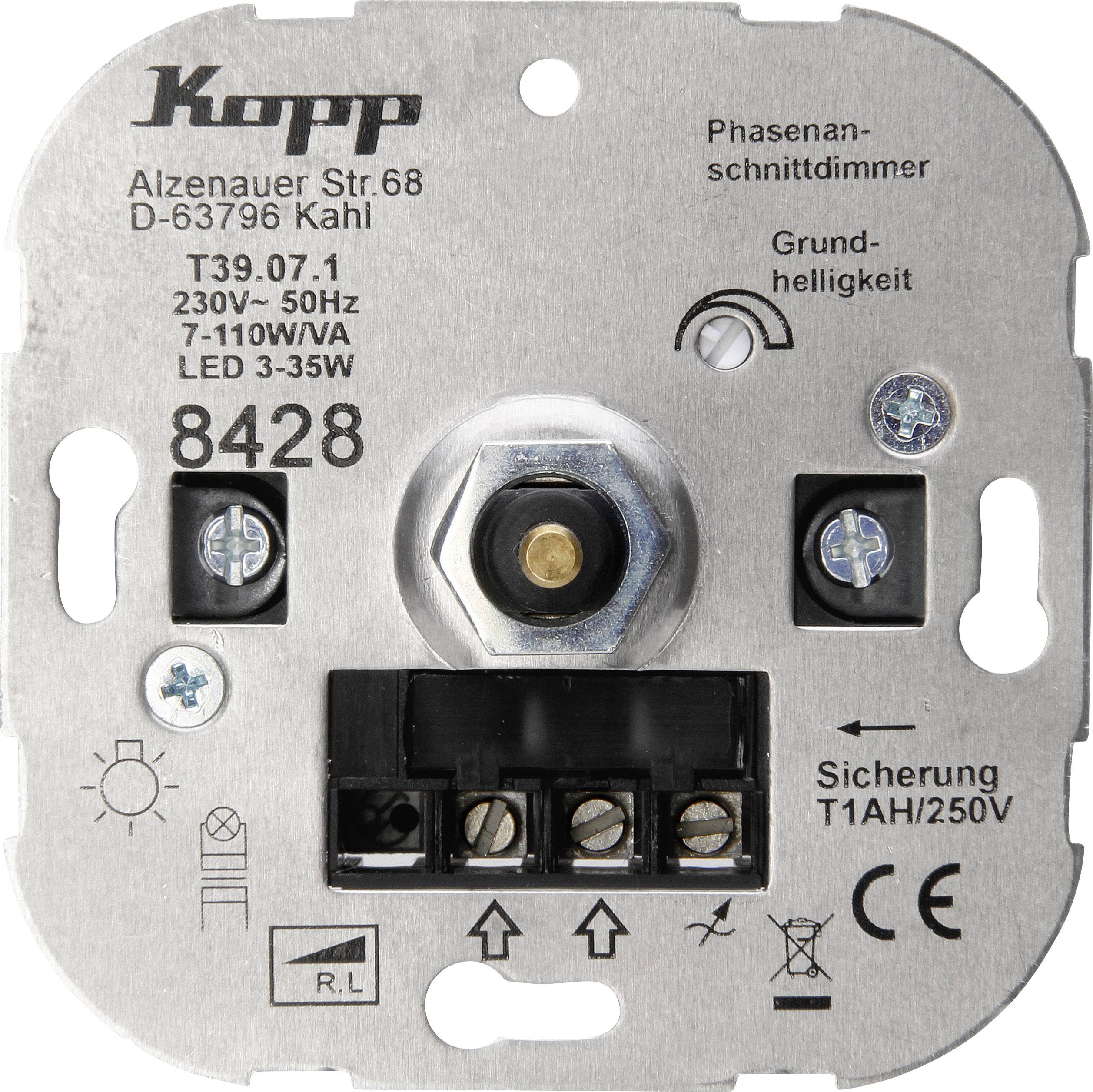 Kopp fasdimmer, modell T39.07.1, 230V-50Hz, för 7-110W/VA och LED 3-35W, med vred och anslutningsklämmor.