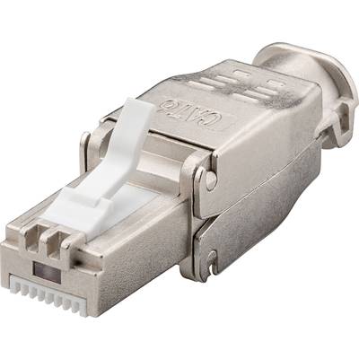 En silverfärgad RJ45-nätverkscontakt med ett vitt clips-lås, typisk för anslutning av nätverkskablar.