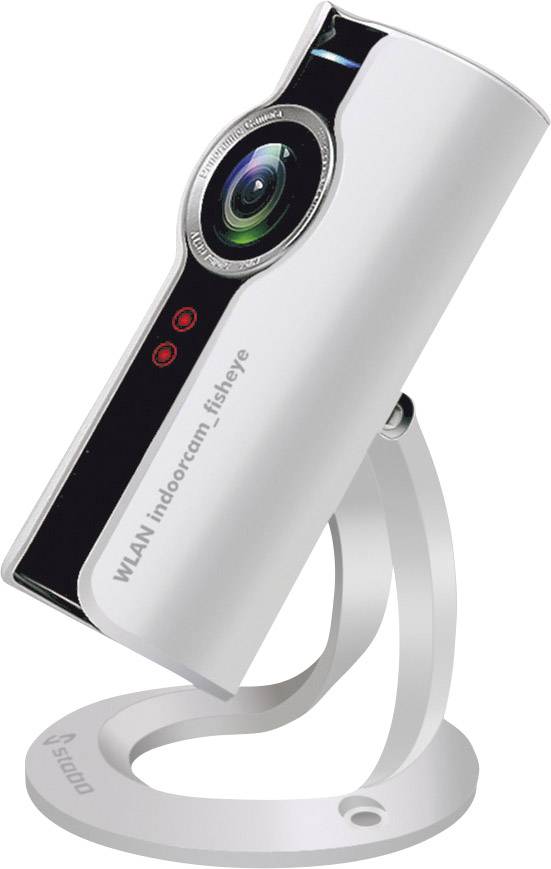 Vit WLAN-kamera på ett svängbart stativ. Den har ett fisheye-objektiv och två röda LED-lampor.