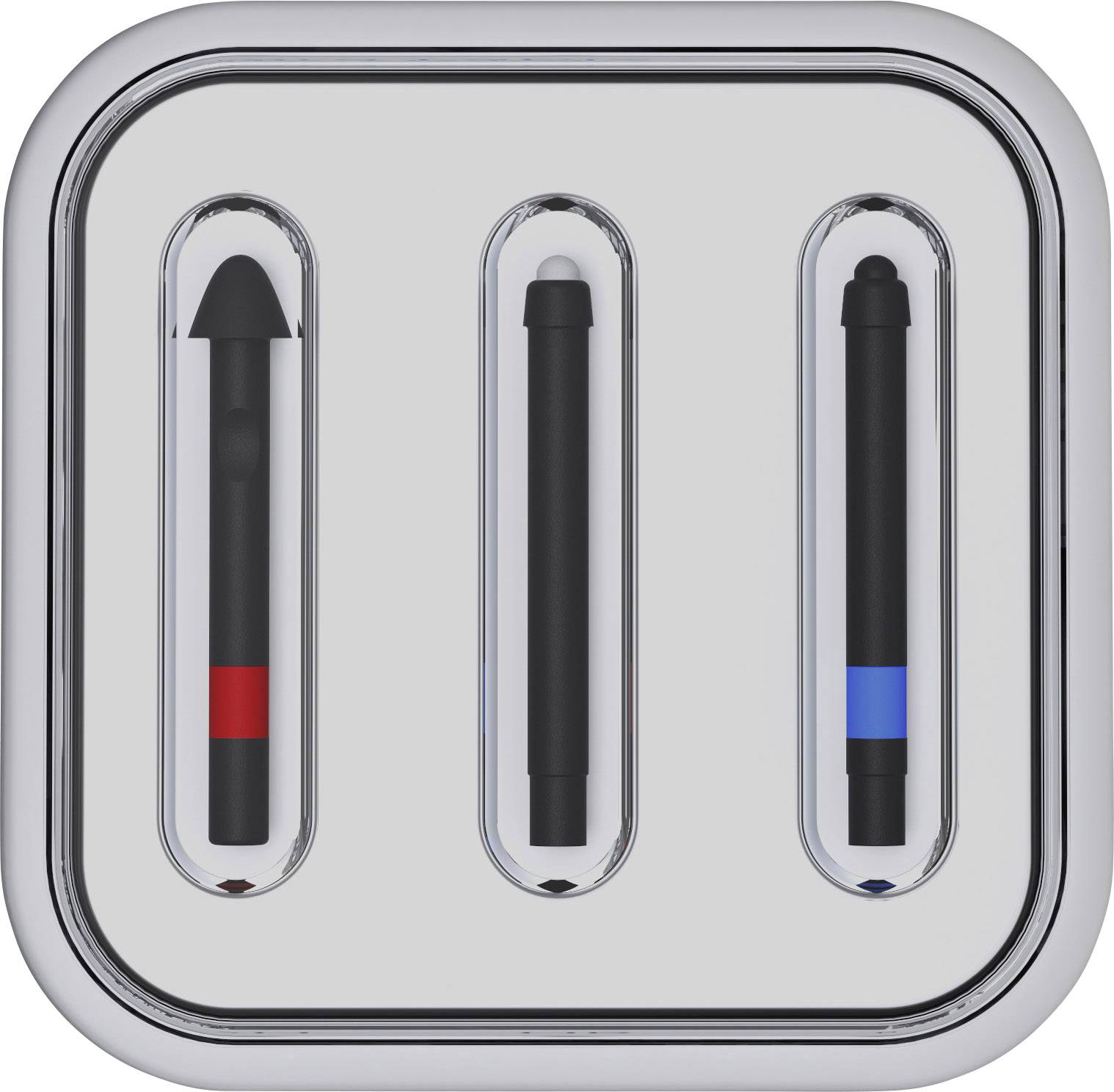 Tre olika formade svarta pennor i en silverhållare, märkta med en röd, svart och blå punkt.