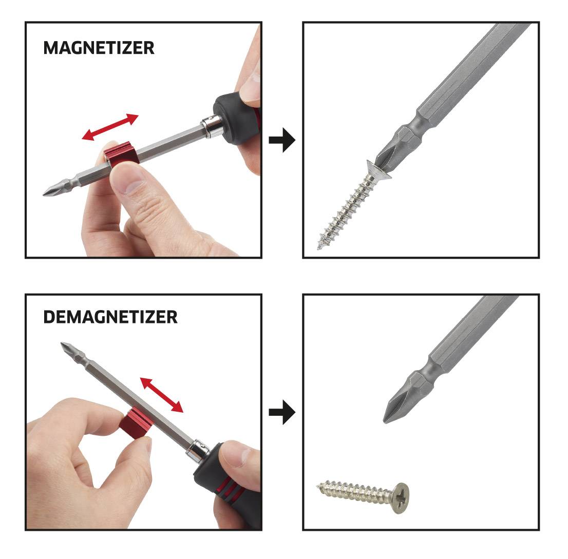 En bild visar två steg: Överst magnetiseras en skruvmejsel, nederst avmagnetiseras den. Skruvar dras till eller dras inte till magneten.