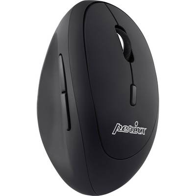 Svart, vertikal datormus med ergonomisk design och scrollhjul. Lämpad för högerhandsgrepp, varumärket synligt.