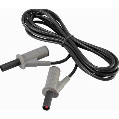 Grå mätkabel med två kontakter, märkt 'Voltcraft', upprullad på ljus bakgrund. Lämplig för elektriska mätningar.