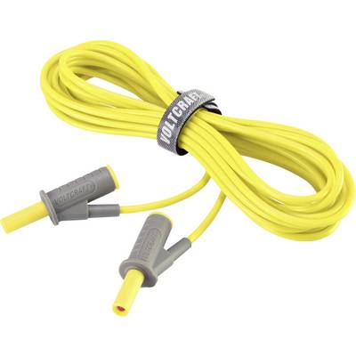 Gult kabel med två grå kontakter och texten 'Voltcraft' på en kabelbindare.