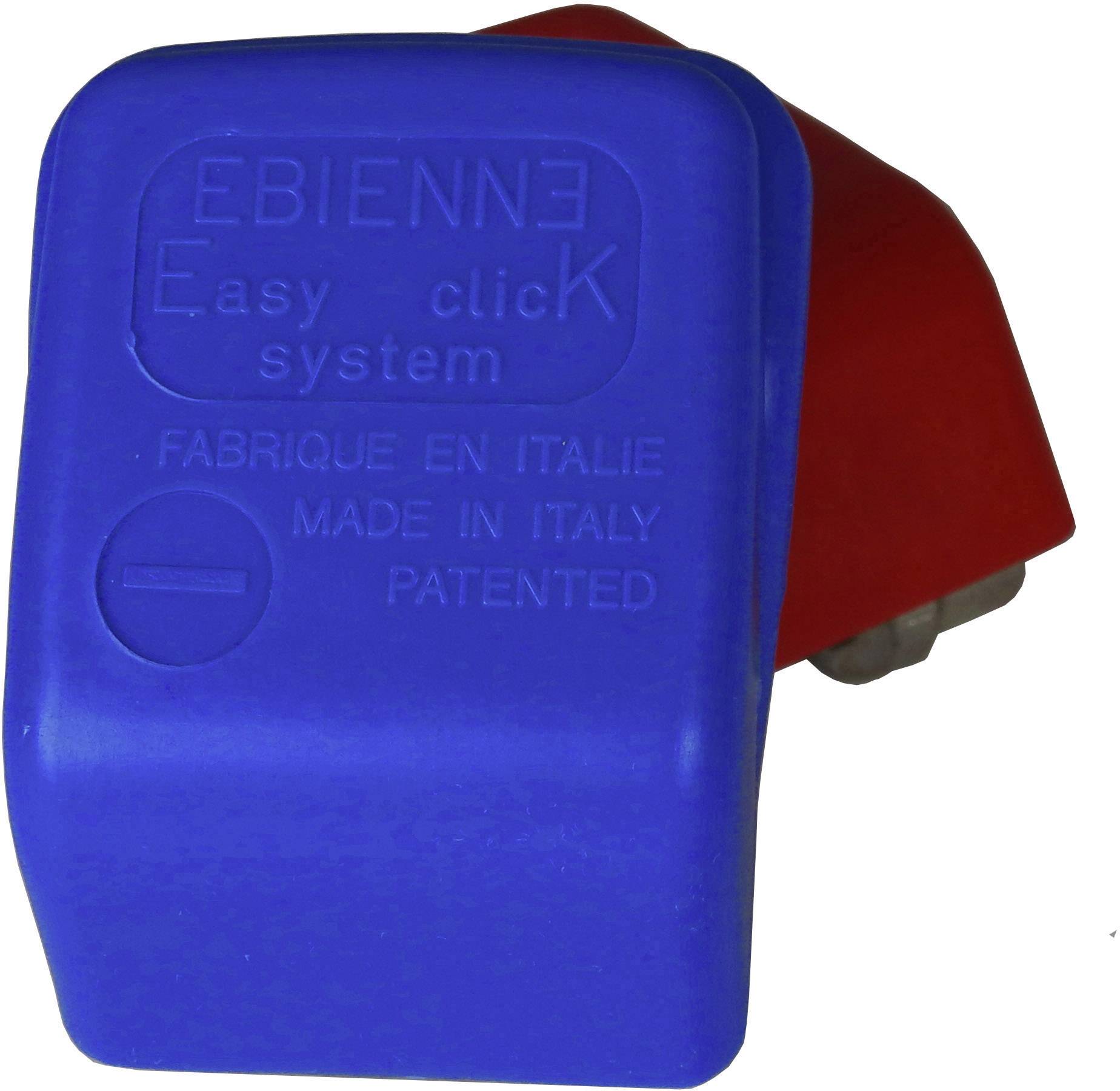 'Blå och röd plastdel med texten EBIENNE Easy click system. Tillverkad i Italien. Patenterad.'