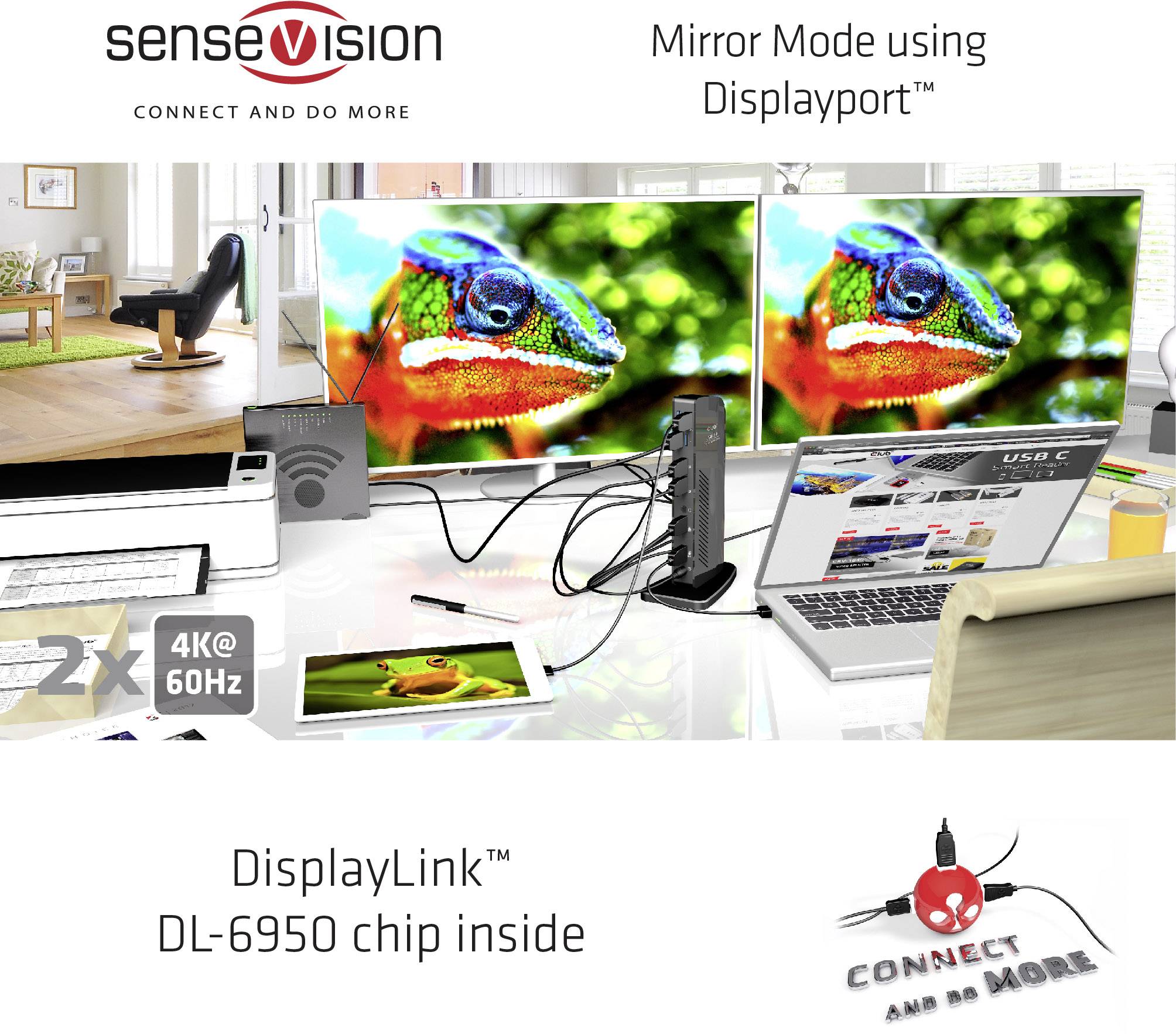 Två monitorer visar samma bild av ett färgglatt kameleont. Text ovanför: 'Mirror Mode using Displayport'. Under det tekniska detaljer.