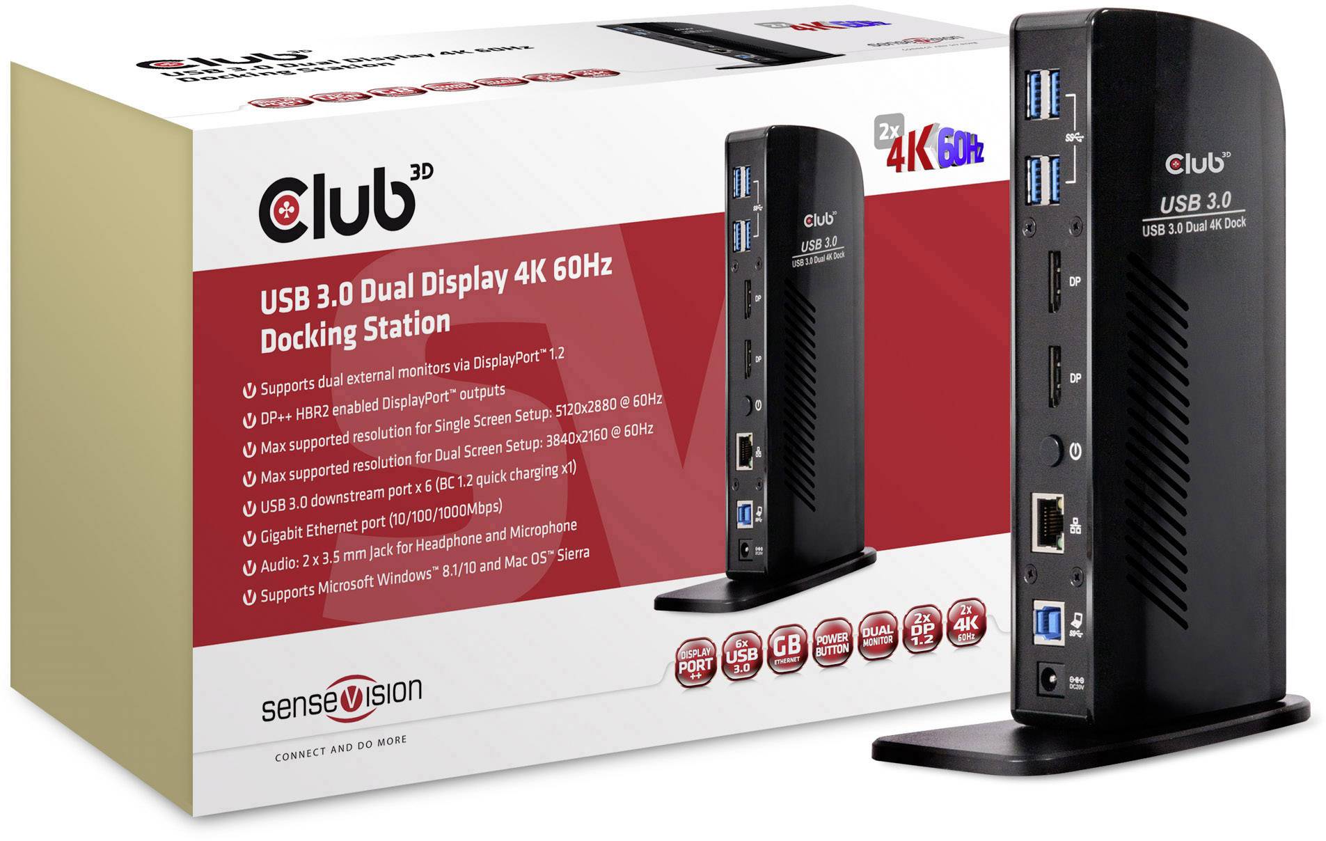 'Dockningsstation Club 3D USB 3.0: Dubbel Display 4K 60Hz, flera anslutningar, stöder Windows 7-10 och Mac OS X Sierra.'