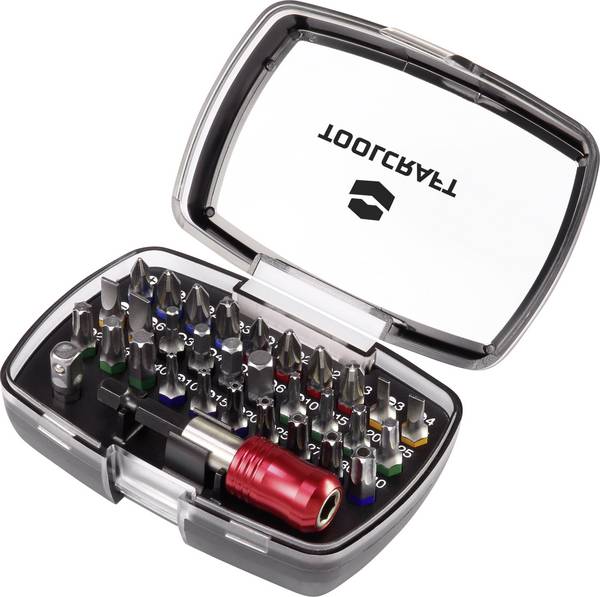 TOOLCRAFT 1613599 Bit-Set 32 delar Spår, Stjärnspår Phillips, Stjärnspår Pozidriv, Inner-sexkantig, T-Profil med lock, T-Profil