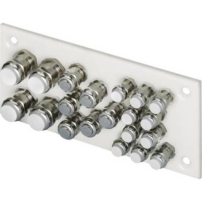 Metallplatta med 14 cirkulärt placerade kontaktdon av varierande storlekar, arrangerade i en rektangulär formation.