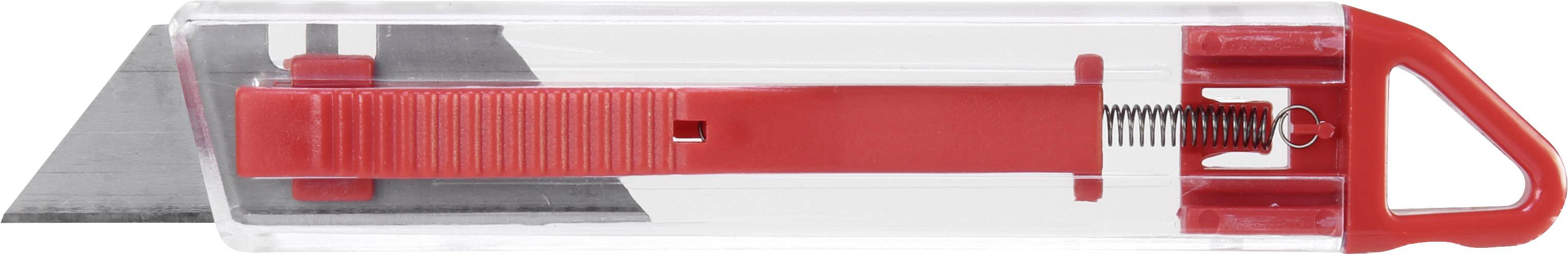 Skärkniv med rött handtag och infällbart blad, sedd från sidan.