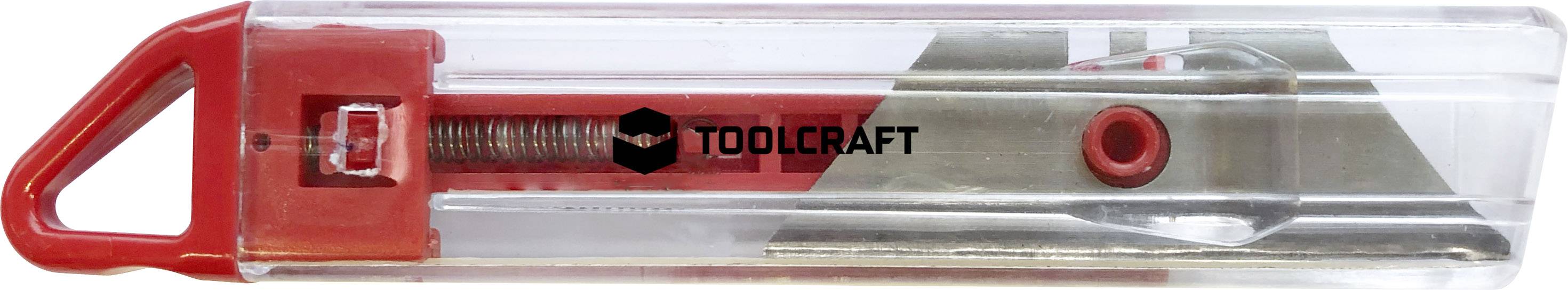 En transparent pennvässare från märket Toolcraft med röd accent, som visar en vass klinga och en fjäder inuti höljet.