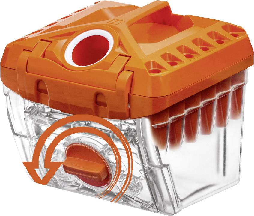 Orange dammsugarpåse med hård plastfäste och röd stängningsspak, omgiven av genomskinlig plast.