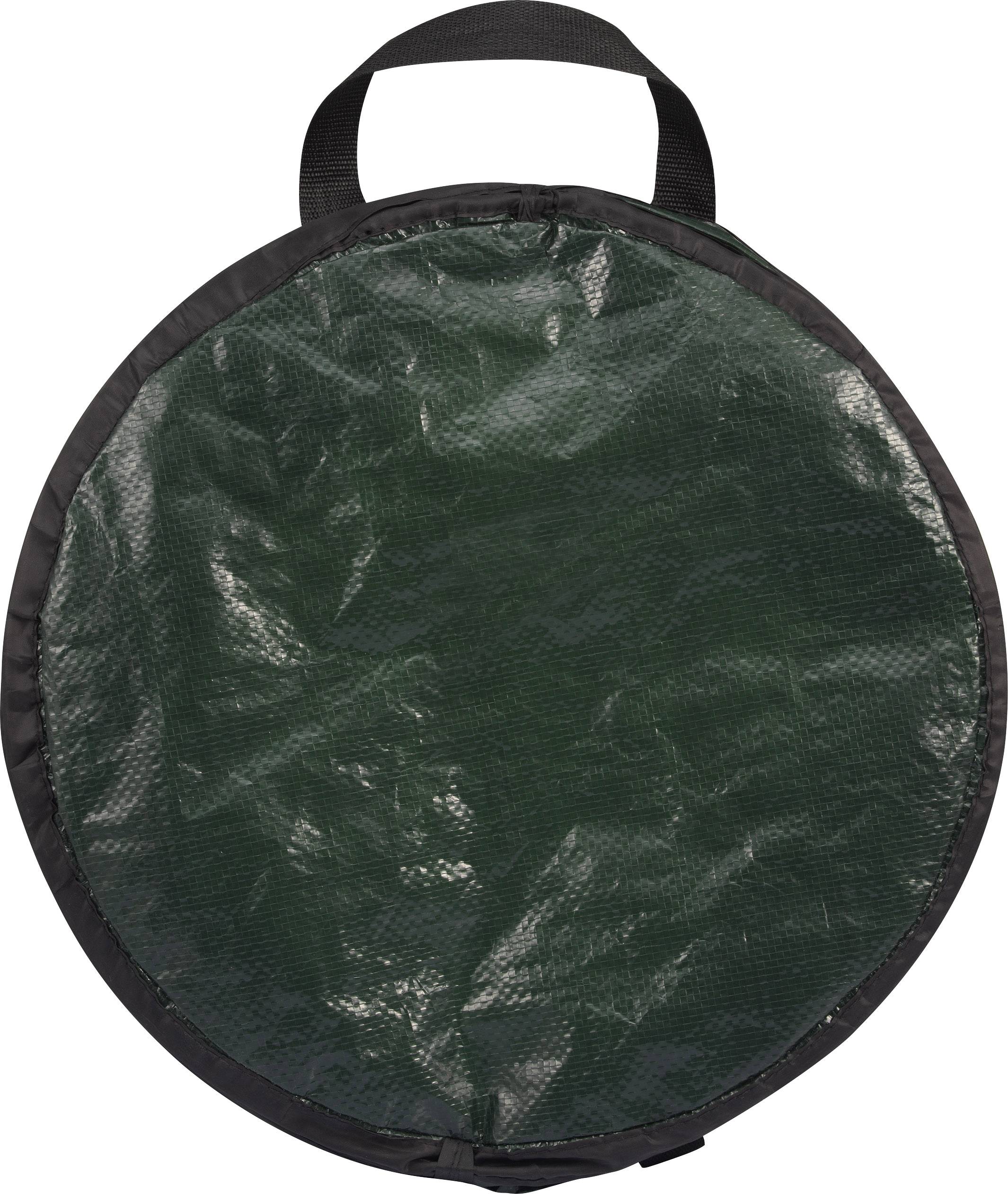 Rund grön väska med svart handtag, tillverkad av robust material.