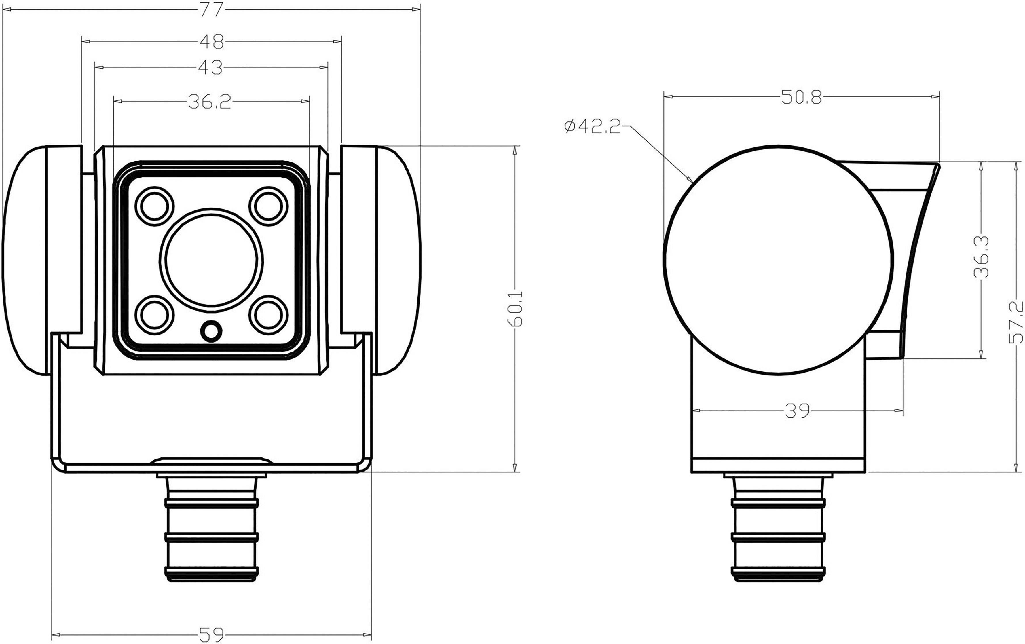 Teknisk ritning av en kamera med dimensioner. Visar front- och sidovy med detaljerade måttangivelser i millimeter.