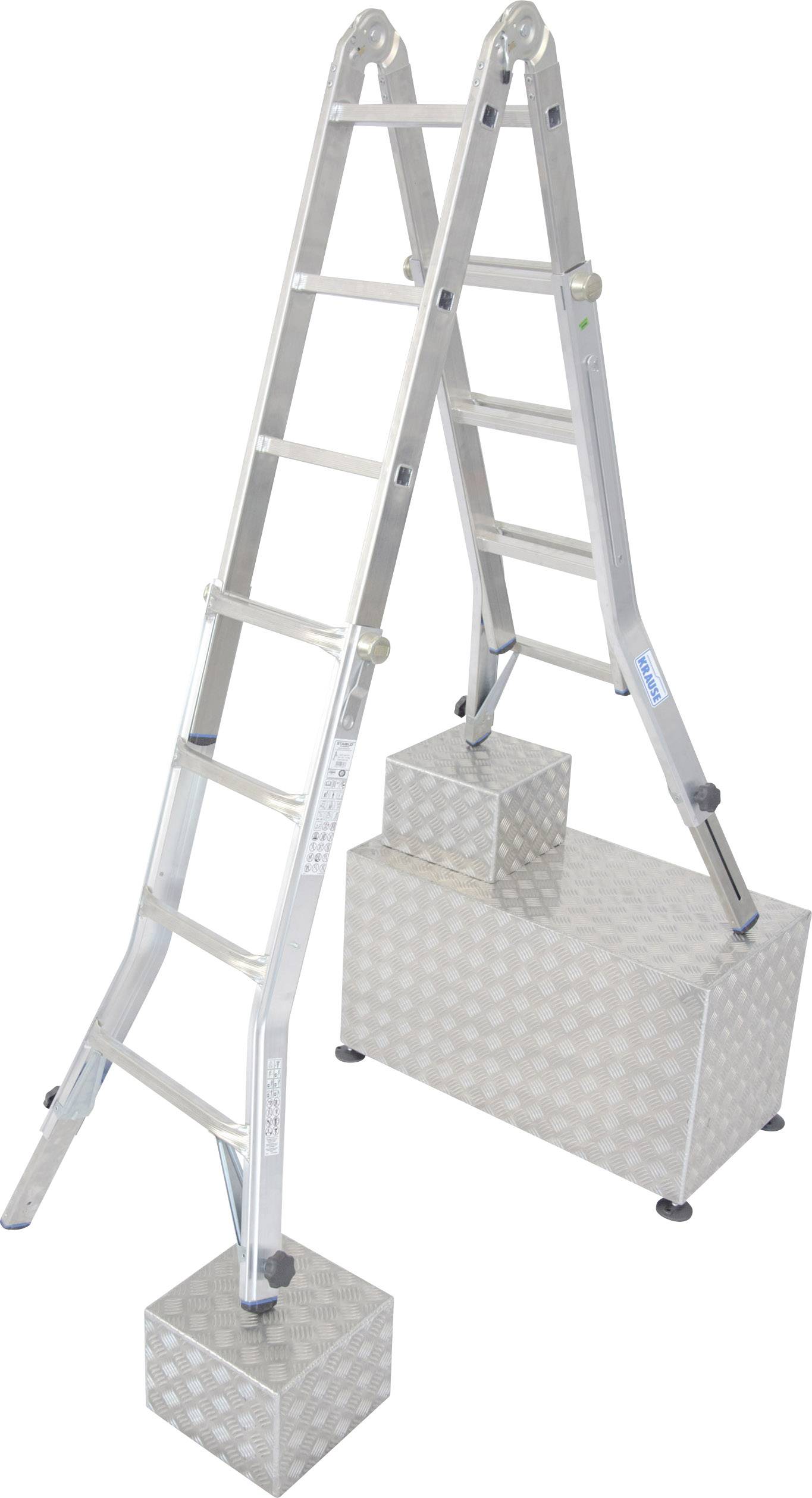 Aluminiumstege i A-form på staplade metallblock, visar stabilitet genom ojämnt underlag, använd inom bygg- och hantverksarbete.