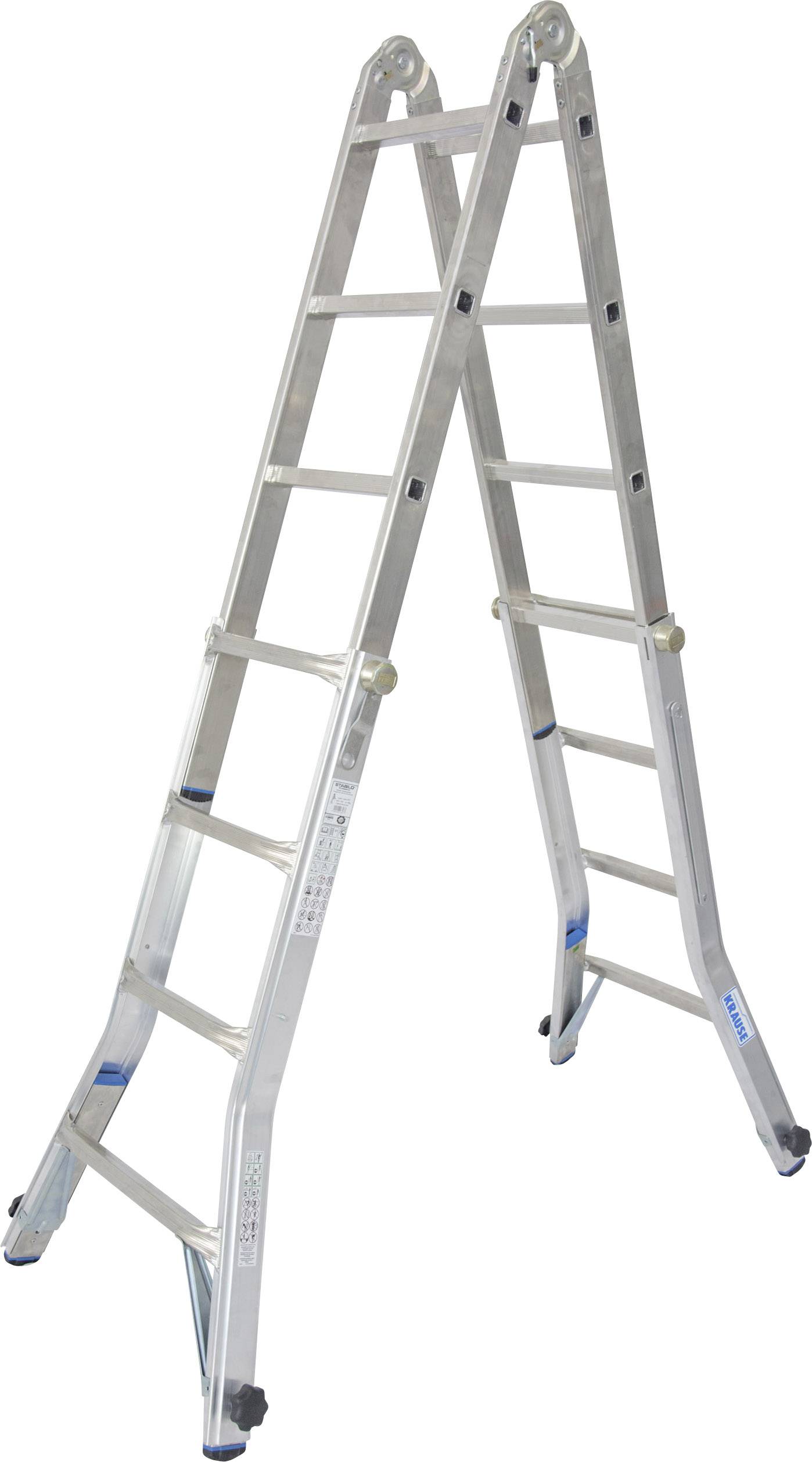 En aluminiumstege står i A-rampsposition. Den har flera steg på varje sida och små hjul vid fötterna.