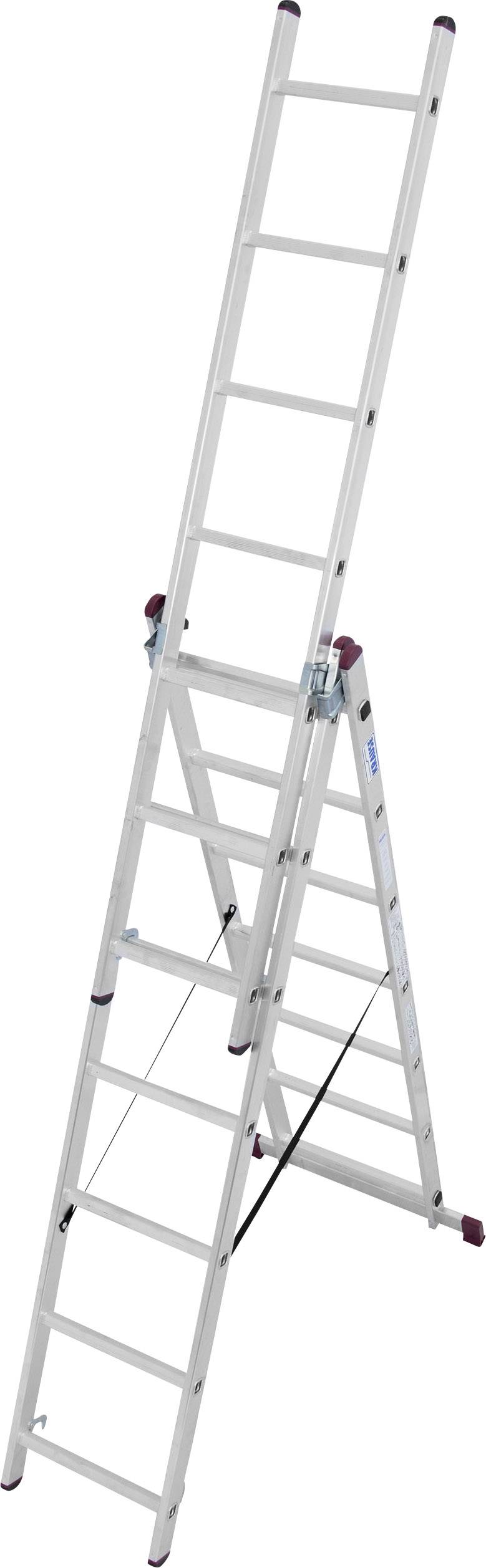 En utdragbar, tredelad aluminiumstege i A-form, utdragen för maximal höjd, lämplig för användning både inomhus och utomhus.