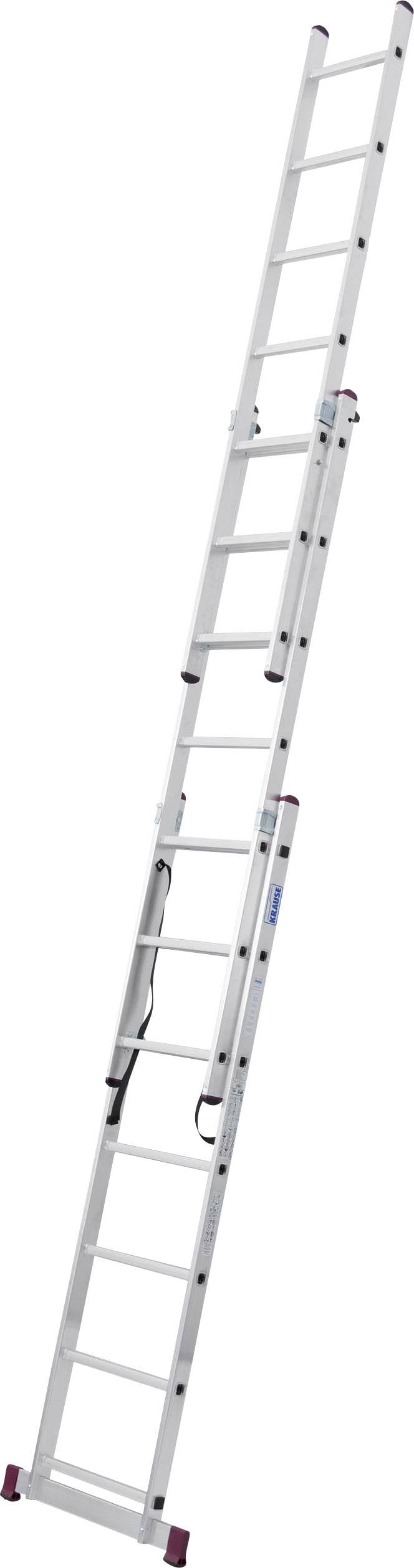 En hög, utdragbar aluminiumstege med flera steg, placerad i en lätt lutande vinkel.